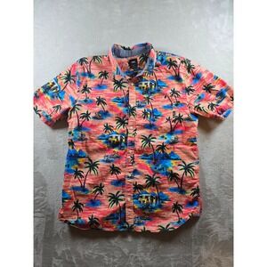 Vans Hawaiian Shirt Mens L Beach Palm Tree Mountain Button Up Tailored Fit
